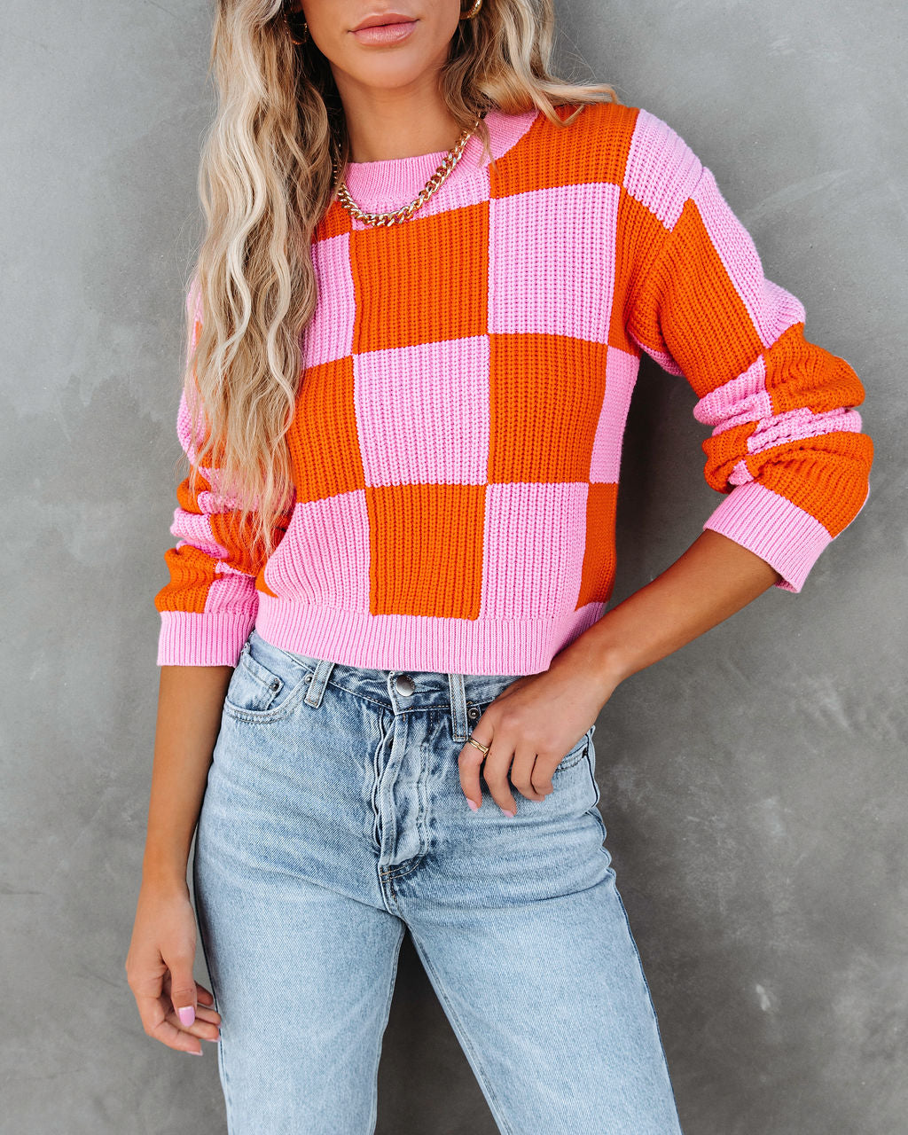 Morris Checkered Pullover Sweater - Pink/Orange Combo