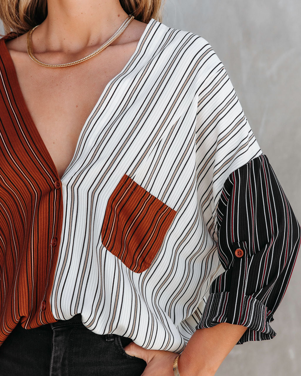 By All Means Striped Coloblock Button Down Top