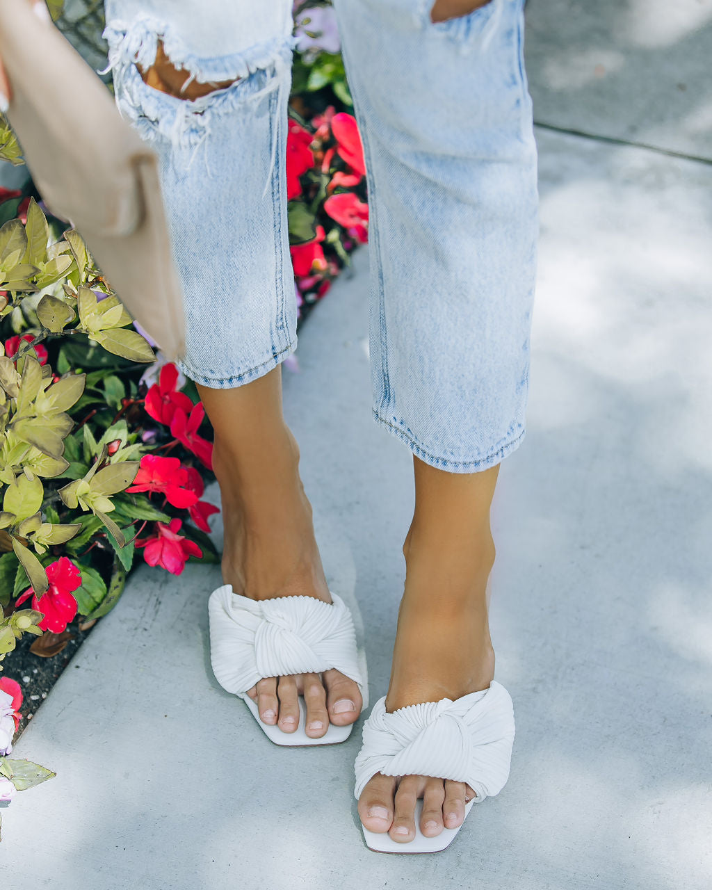 Colette Pleated Faux Leather Block Heel-White - FINAL SALE