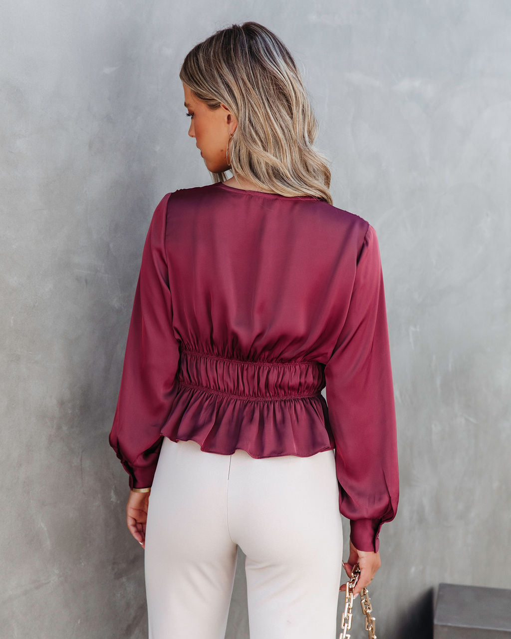 Capulet Satin Smocked Long Sleeve Top - Mauve