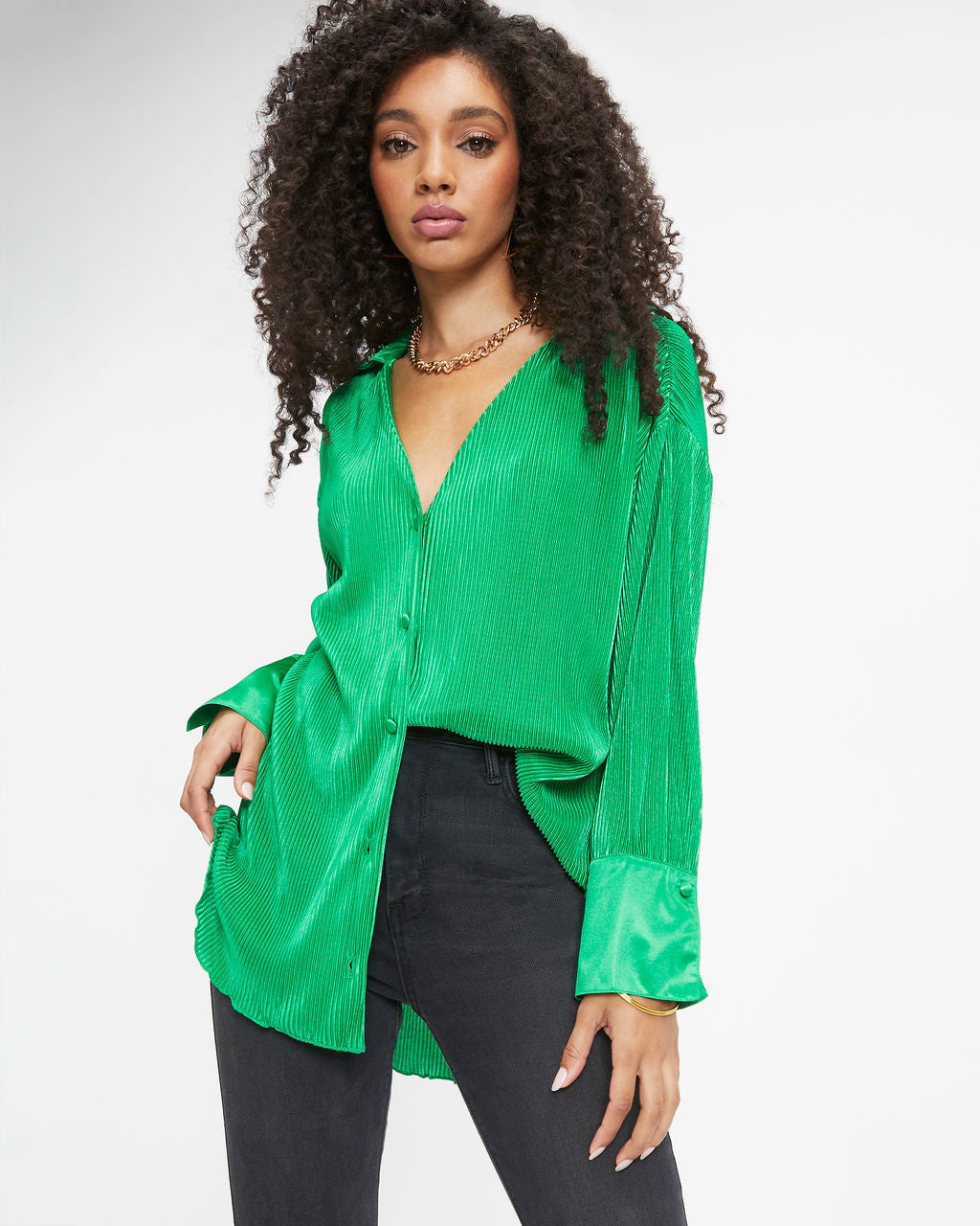 Milan Plisse Button Down Top - Emerald