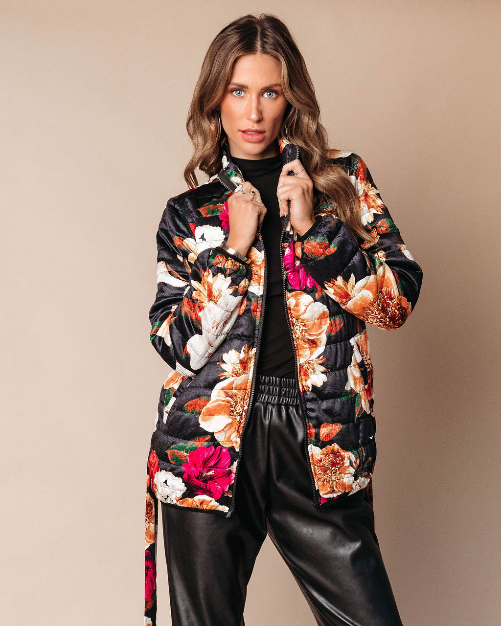 Stefani Floral Pocketed Quilted Jacket - Black