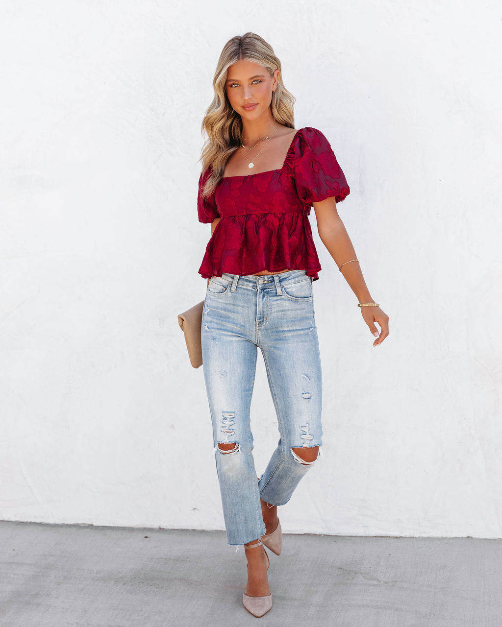 Forbidden Fruit Puff Sleeve Babydoll Top - Burgundy