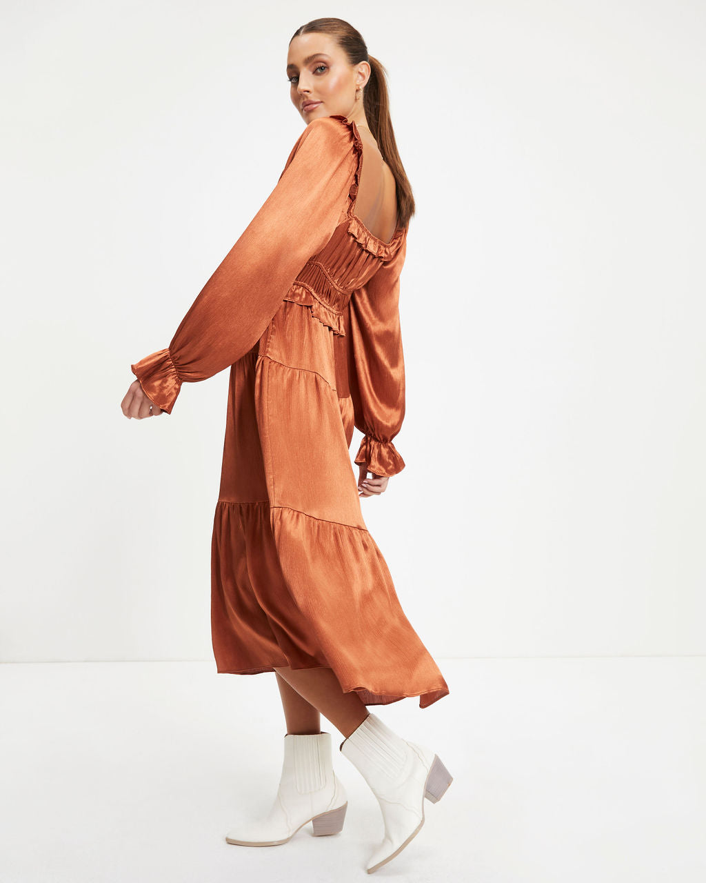 Thousand Words Satin Tiered Ruffle Midi Dress - Rust