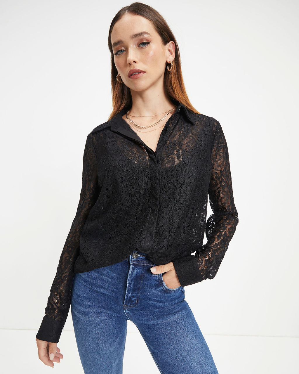Berenice Lace Button Down Top - Black