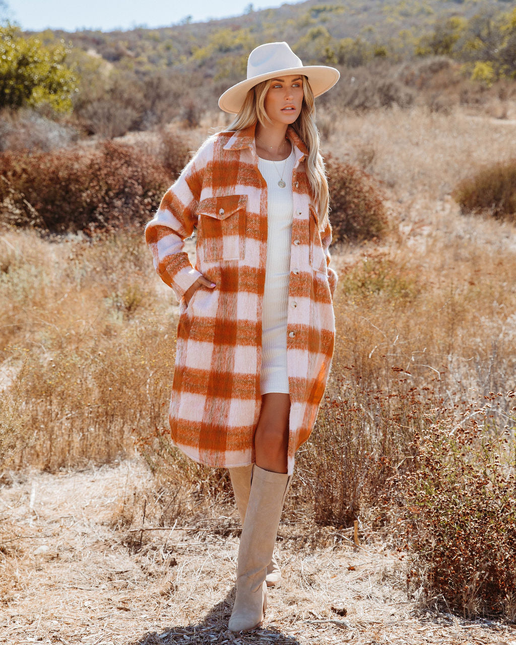 Sunkissed Fall Skies Pocketed Plaid Button Down Coat
