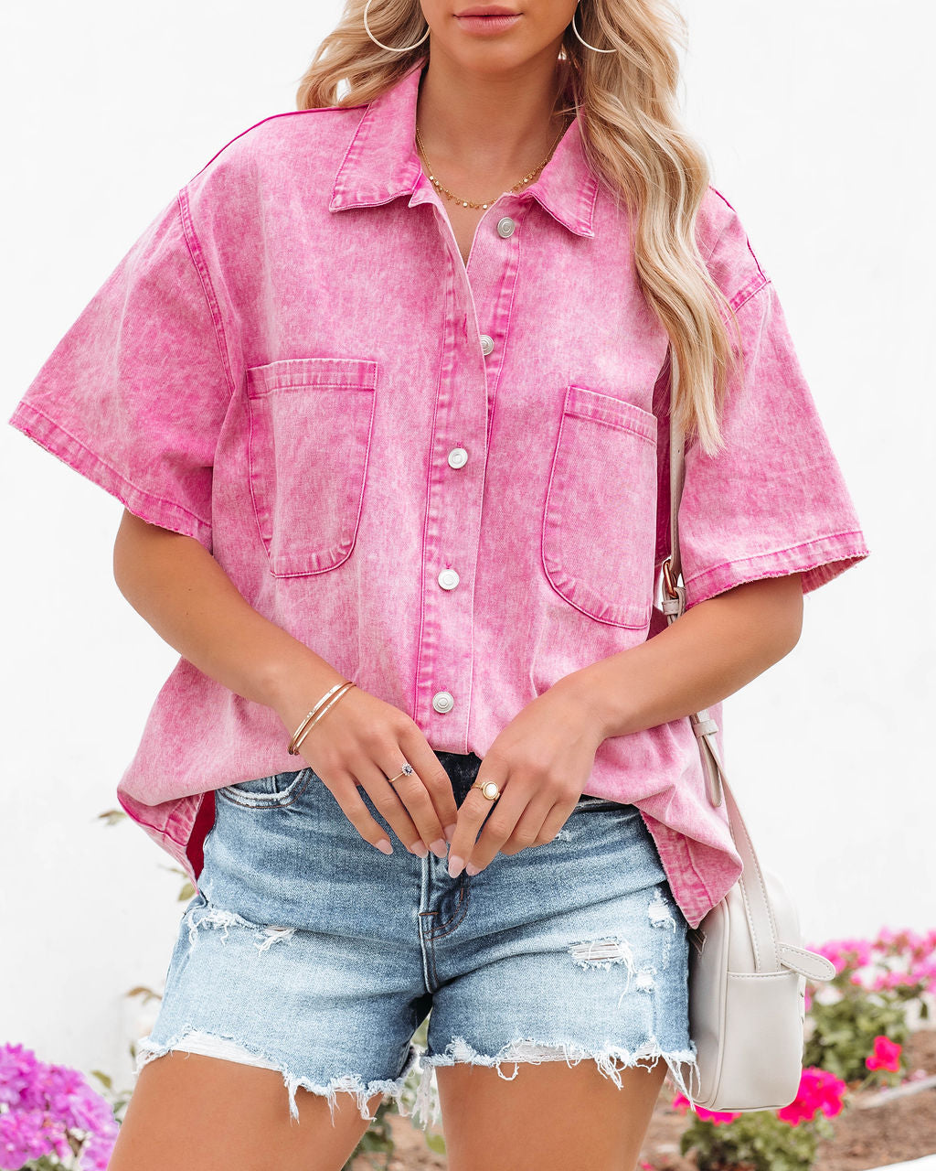 Ringo Cotton Pocketed Button Down Top - Pink - FINAL SALE