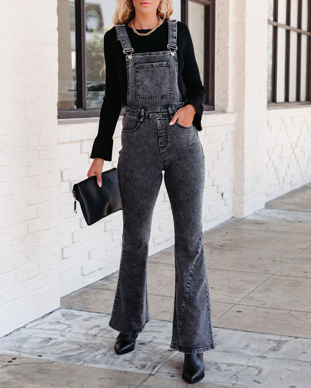 Brady Bell Bottom Pocketed Overalls - Washed Black - FINAL SALE