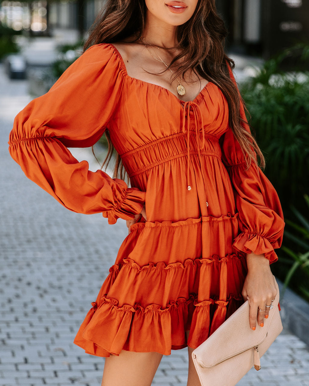 Unrequited Romance Tiered Front Tie Mini Dress - Burnt Orange