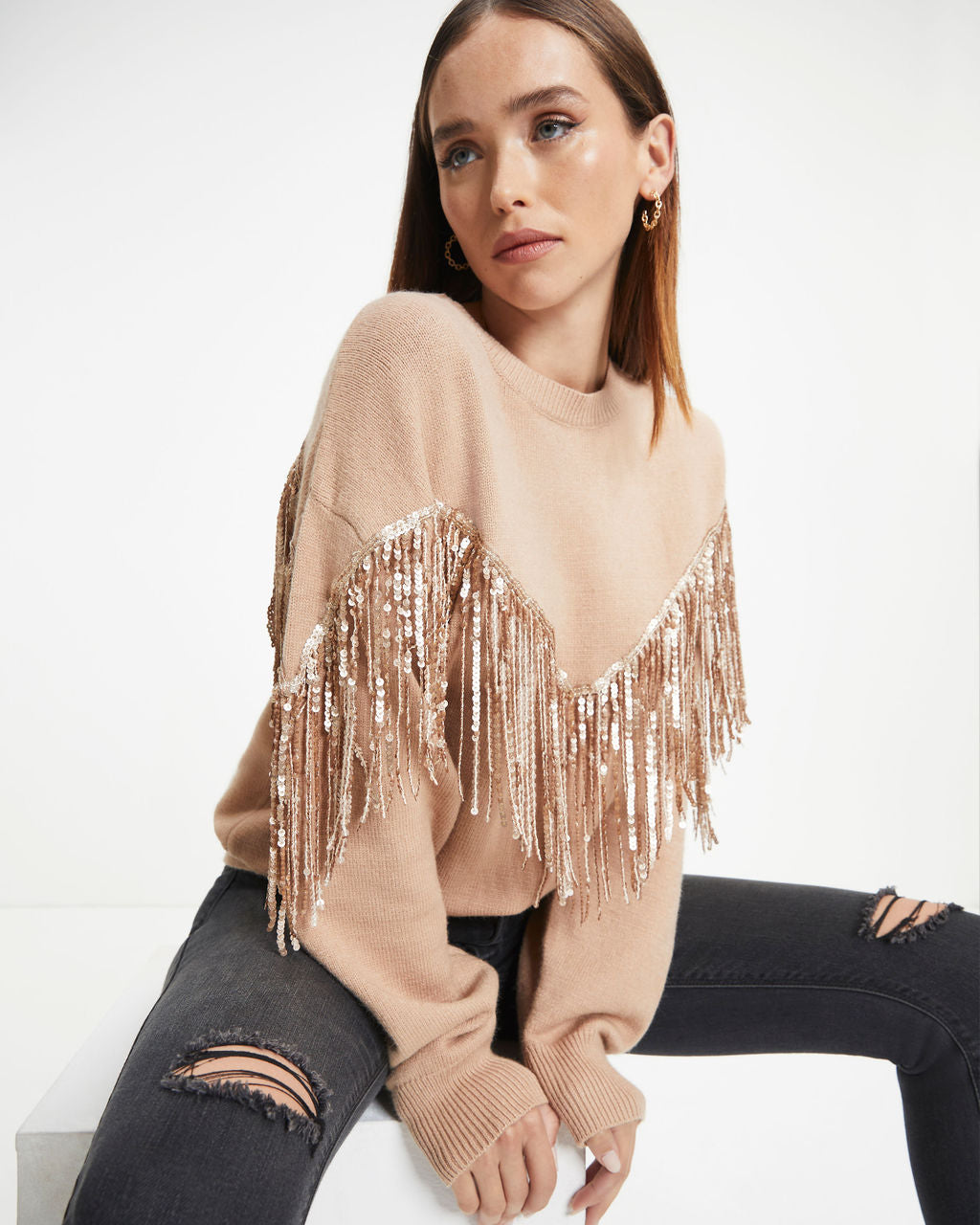 Western Glam Knit Fringe Sequin Pullover Sweater - Mocha