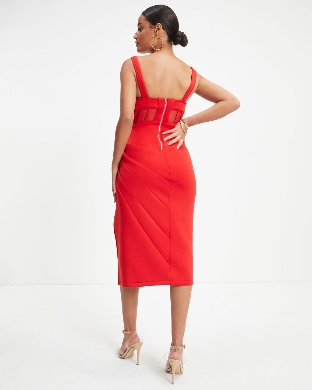 Celestia Sheer Corset Midi Dress - Red