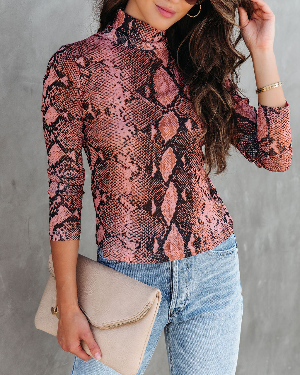 Serpentine Snake Print Sheer Turtleneck Top - Clay - SALE