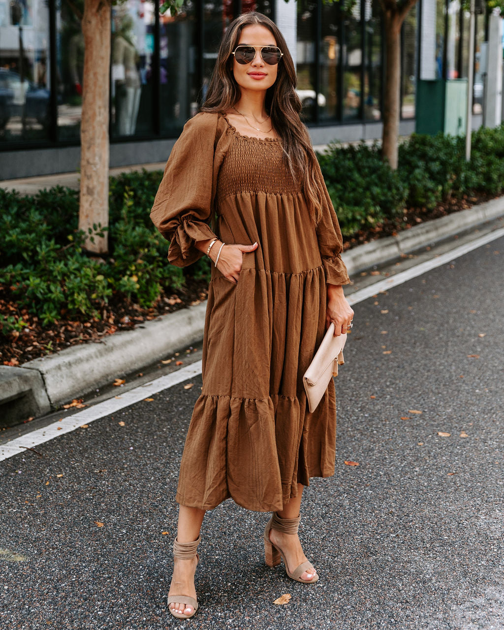 River Pocketed Puff Sleeve Midi Dress - Mocha