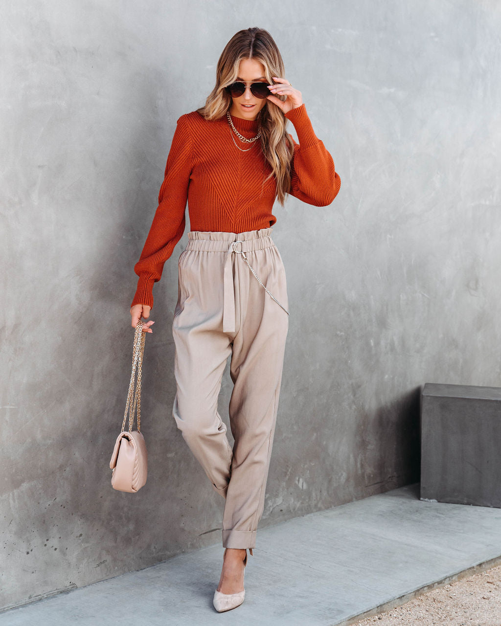 Archie Ribbed Knit Pullover Sweater - Rust