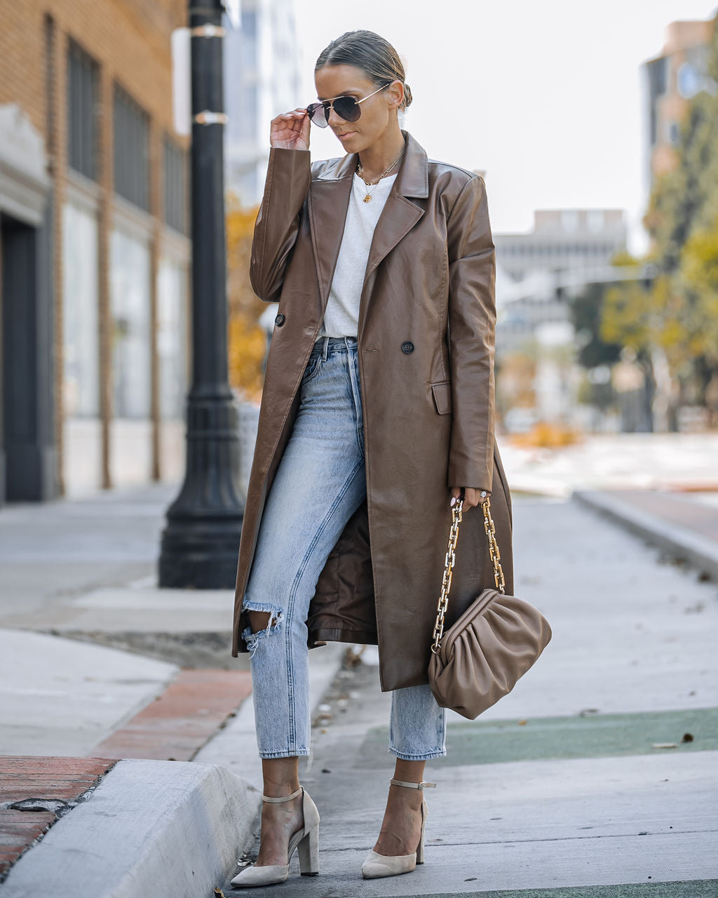 Top Of The Press Pocketed Faux Leather Trench Coat - Chestnut