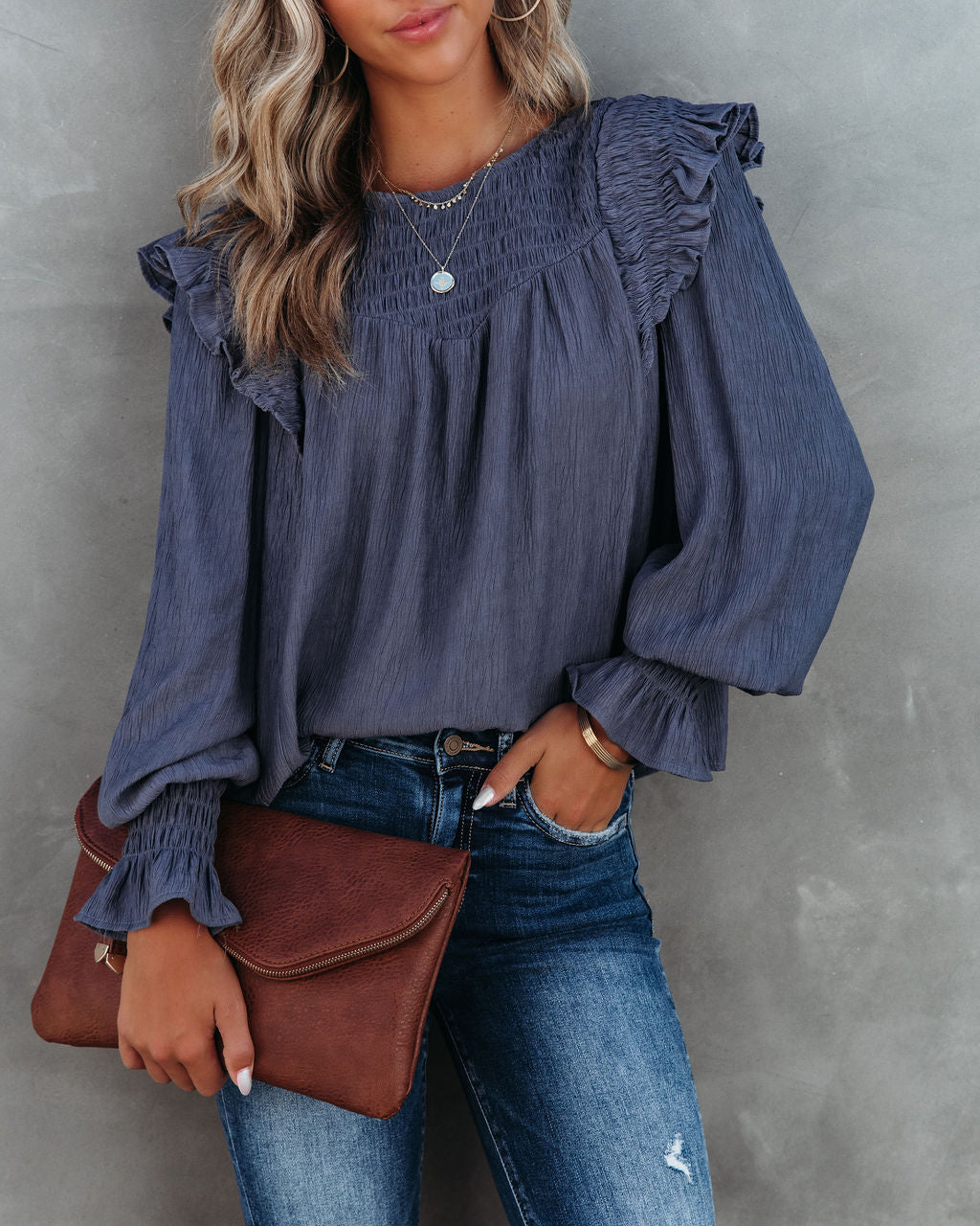 Justina Crinkle Ruffle Shoulder Top - Charcoal