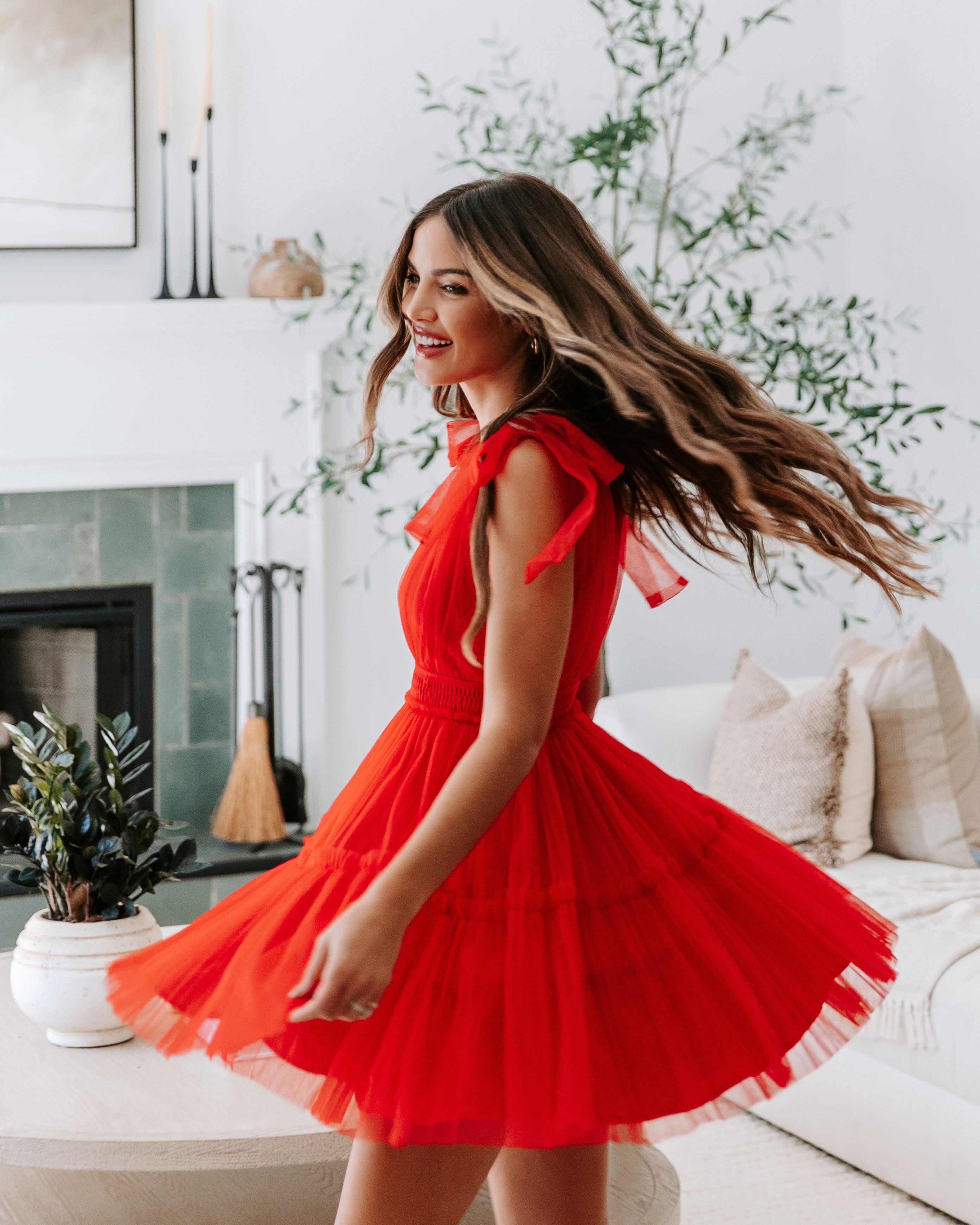 Venice Shoulder Tie Tulle Mini Dress - Red