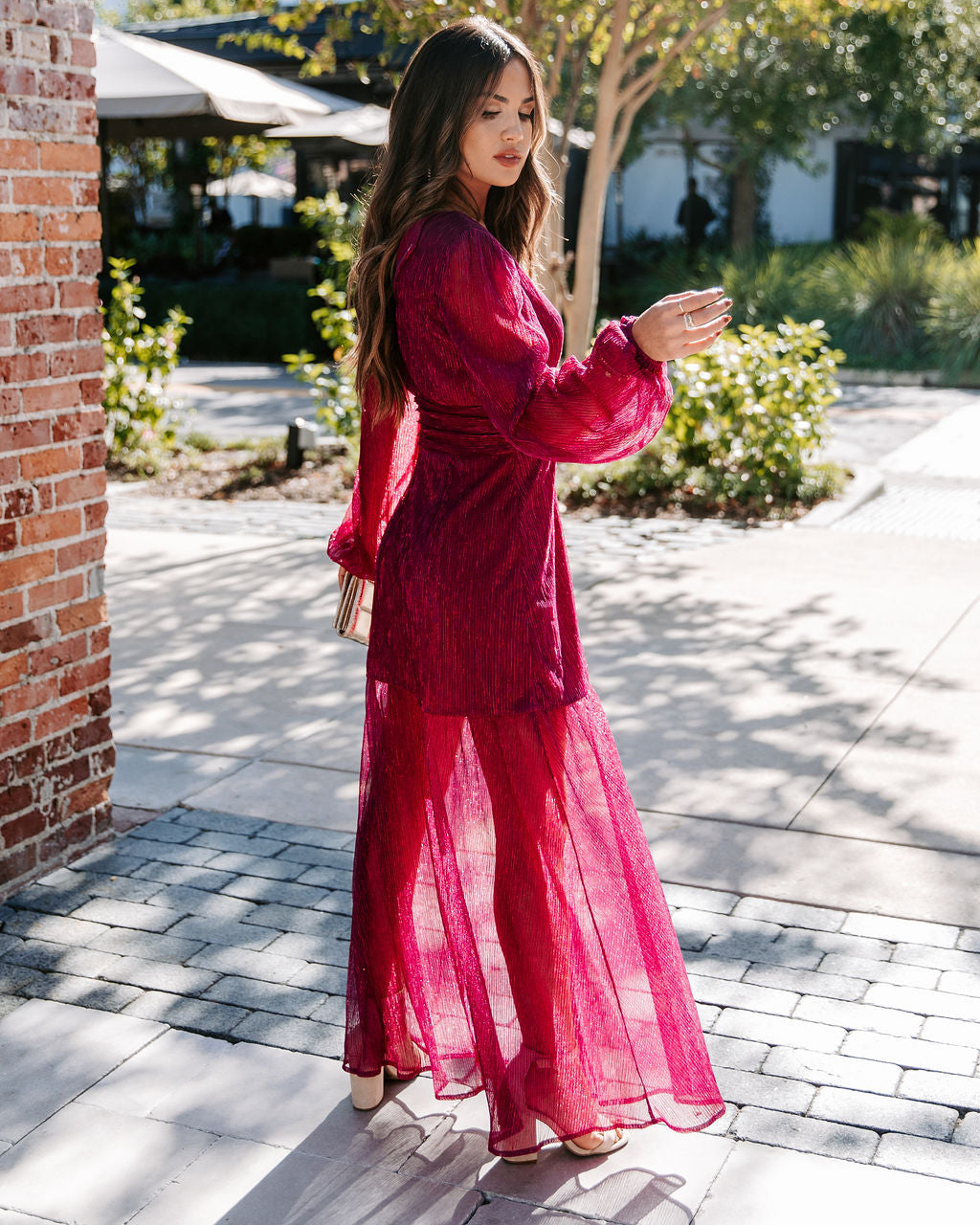 Loretta Plisse Metallic Balloon Sleeve Maxi Dress - Berry