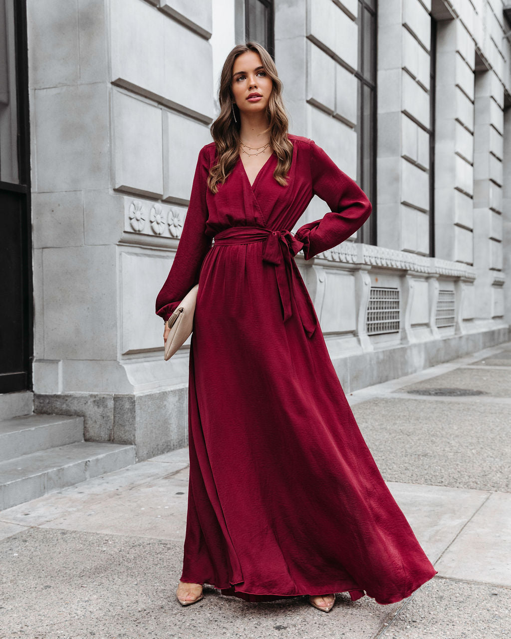 Belinda Satin Side Slit Maxi Dress - Burgundy