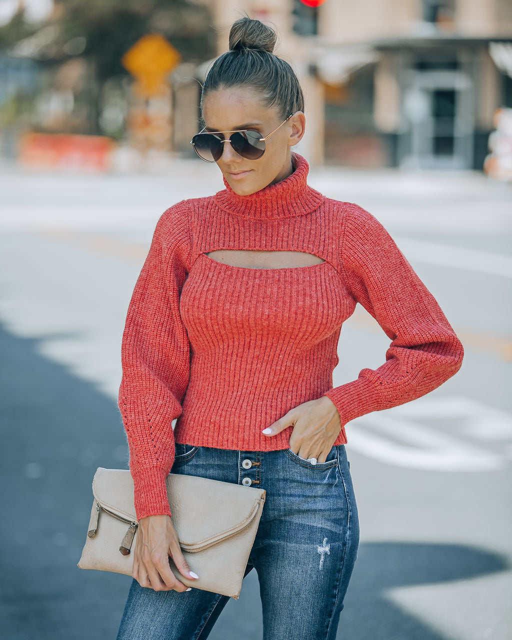 Taking Risks Knit Cutout Turtleneck Sweater - Rust - SALE