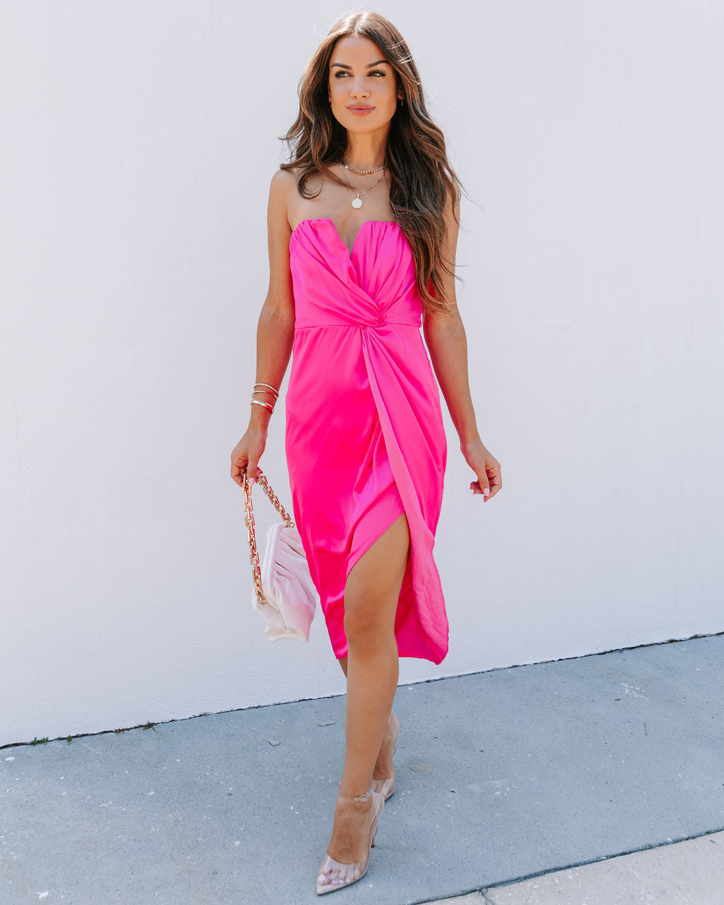 Classy And Fabulous Strapless Satin Midi Dress - Hot Pink - FINAL SALE