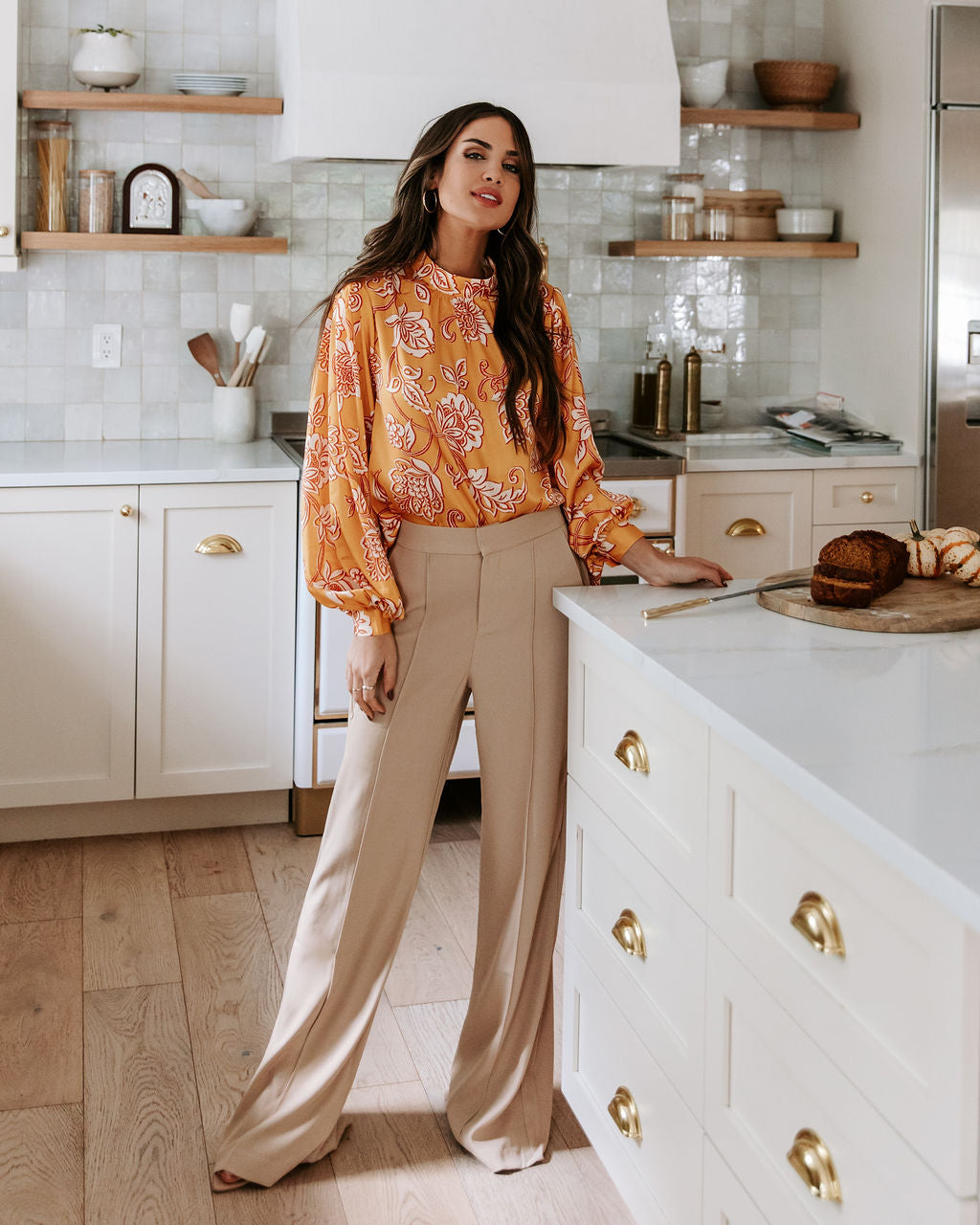 Golden November Floral Padded Shoulder Top - Mustard