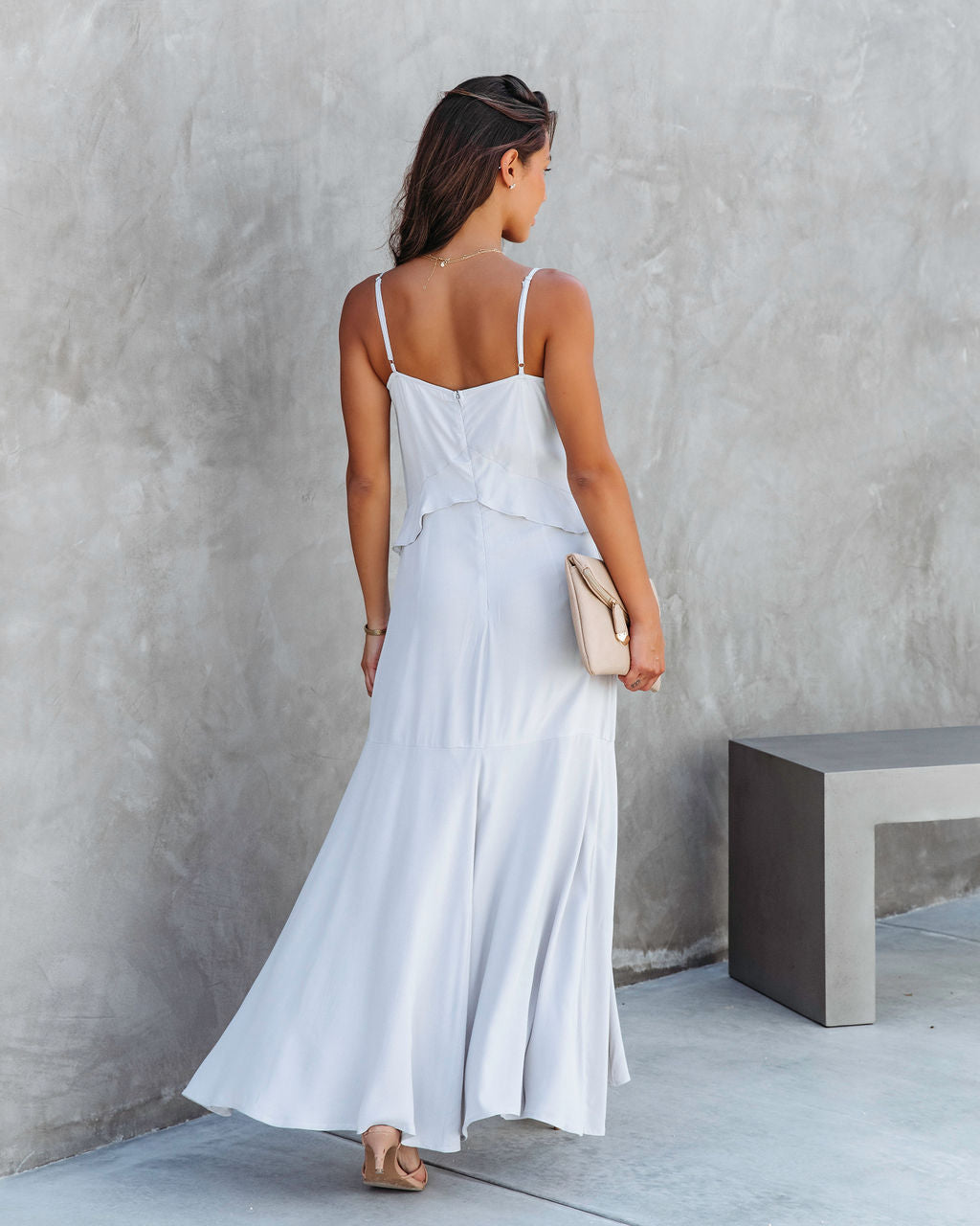 Glistening Romance Beaded Ruffle Maxi Dress - Light Grey - FINAL SALE