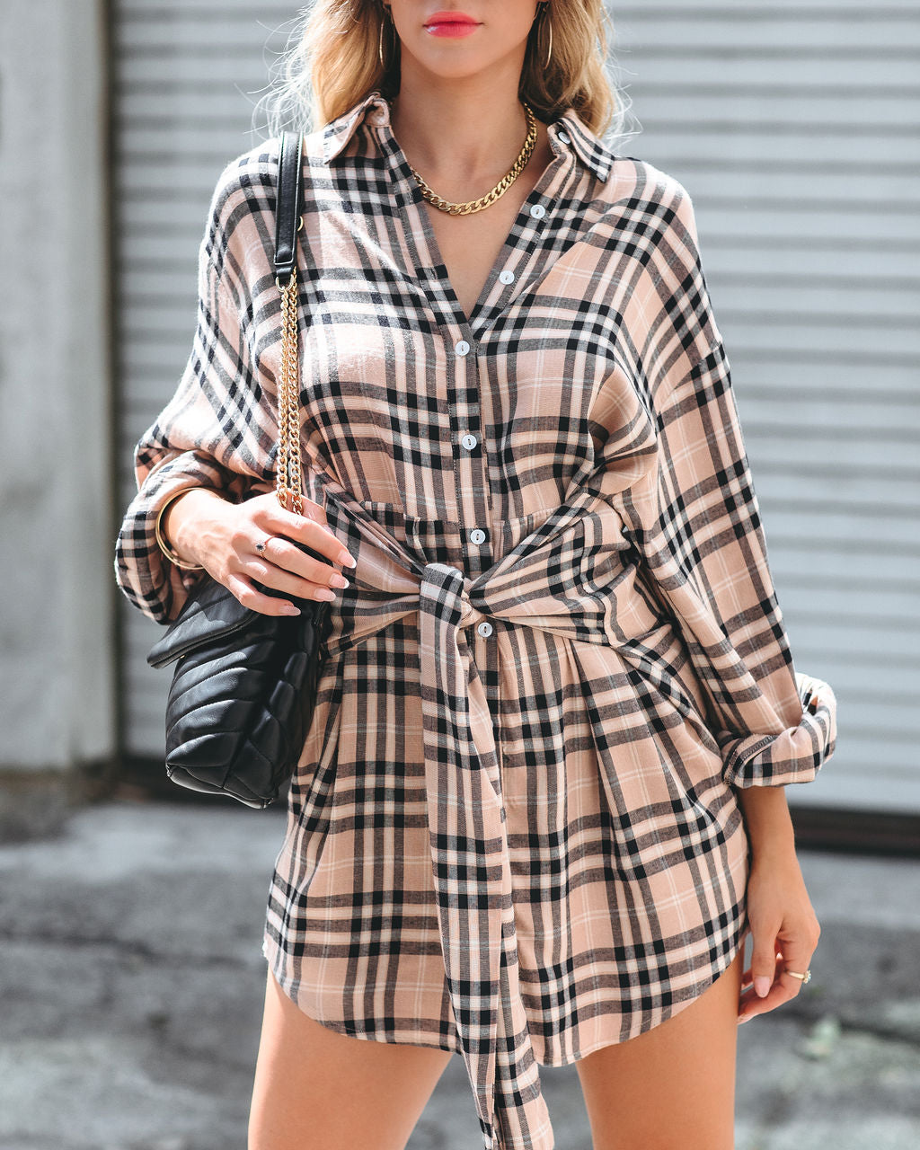 Touch Of Plaid Front Tie Shirt Dress - Camel