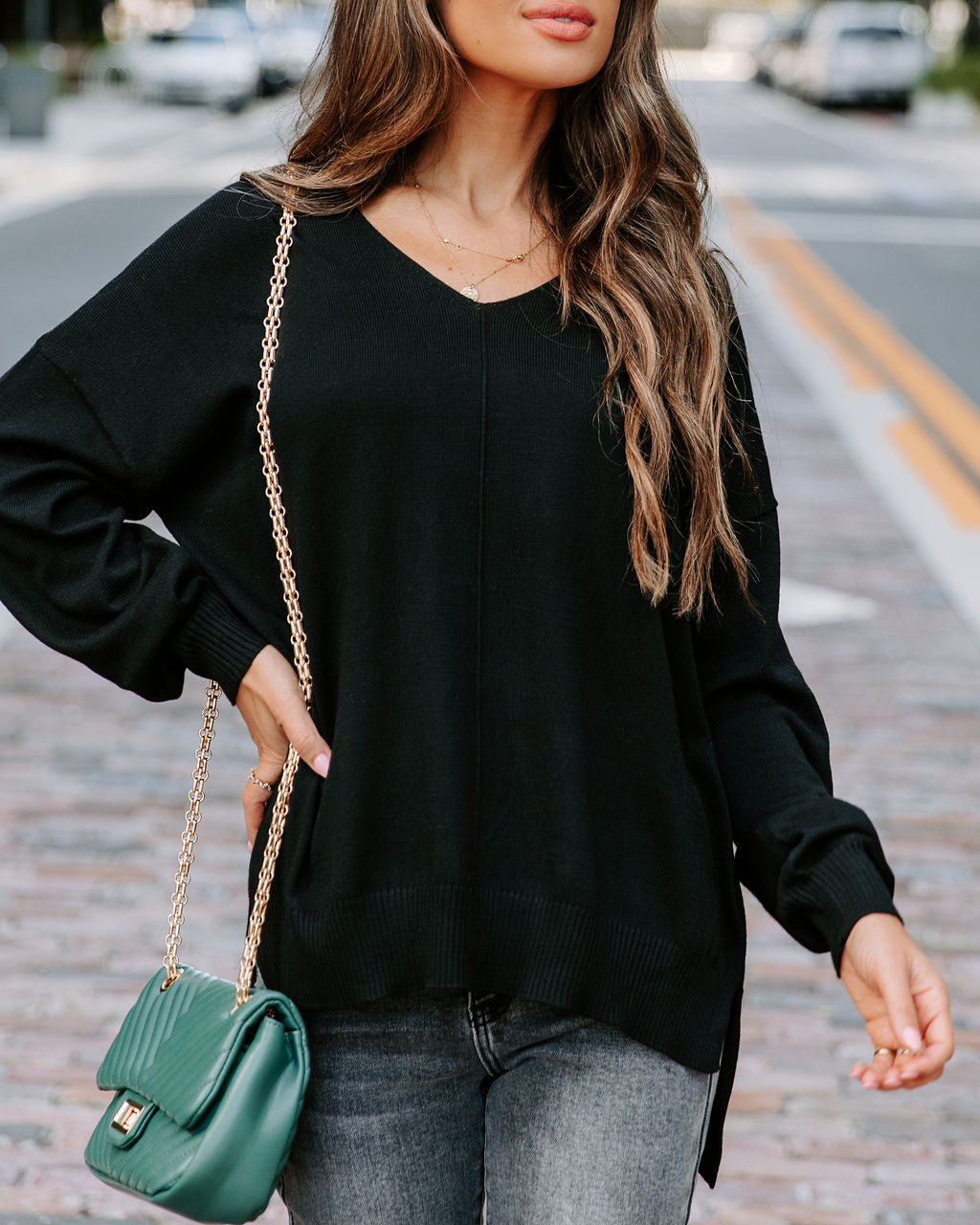 Claudette V-Neck Knit Pullover Sweater - Black