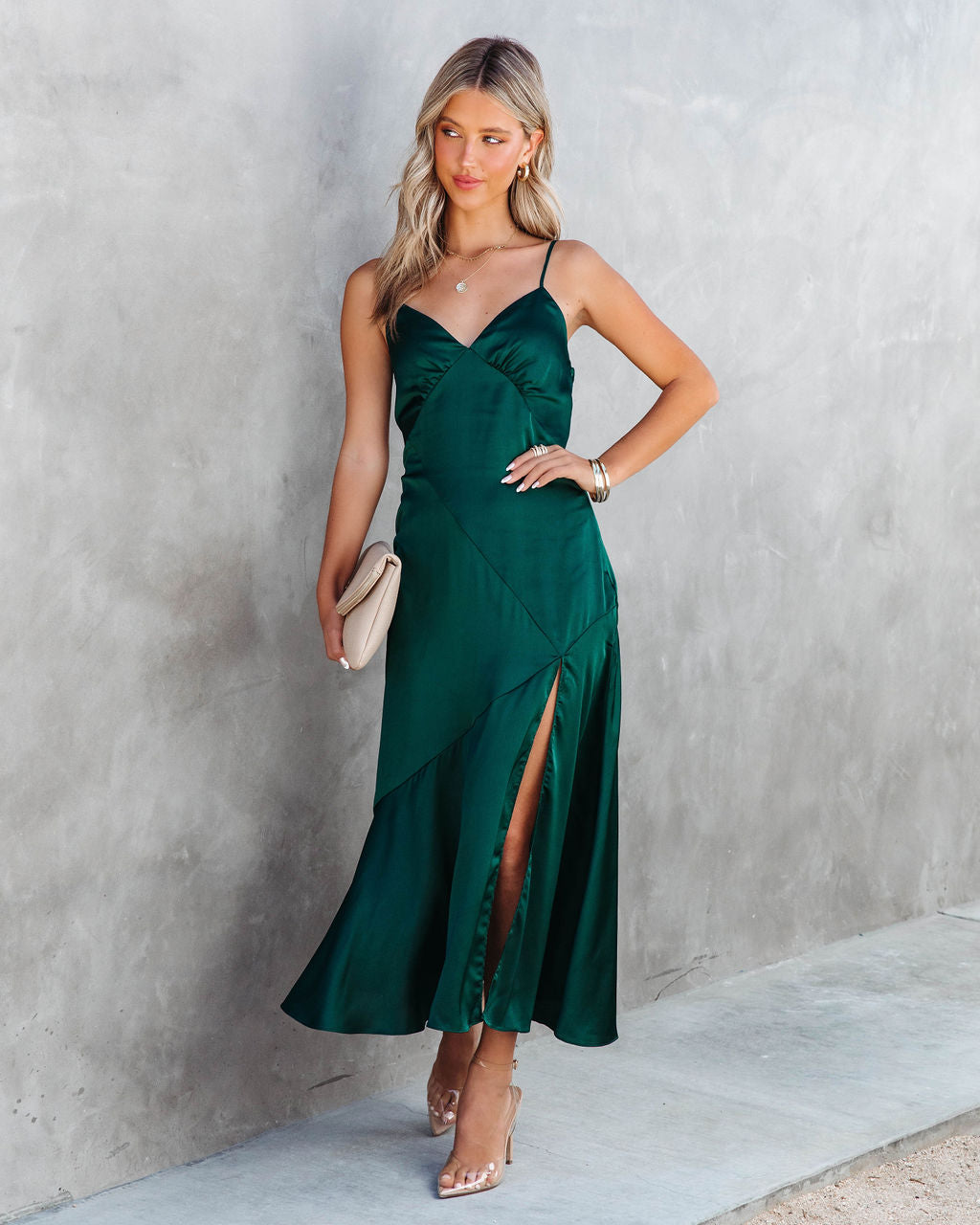 Just Go With It Satin Slit Midi Dress - Hunter Green