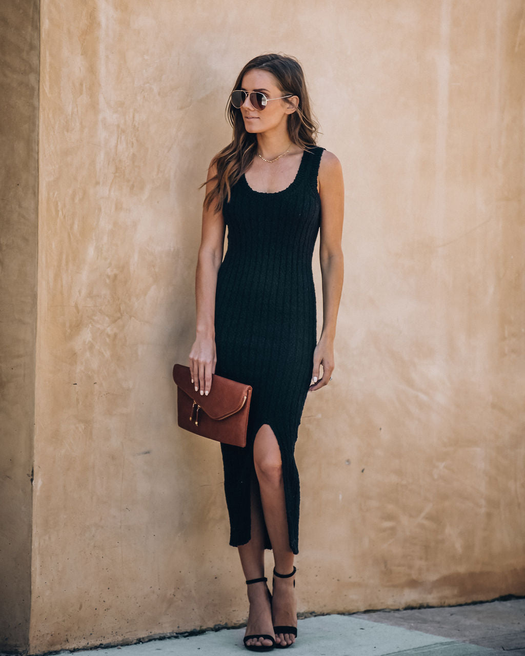 Desert Moon Cotton Ribbed Midi Dress - Black - FINAL SALE