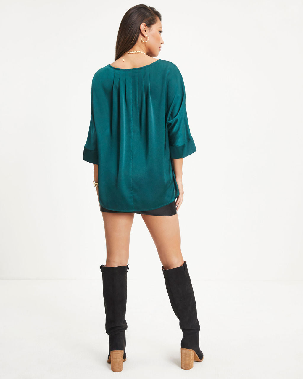 Julie Satin Side Slit Top - Forest Green