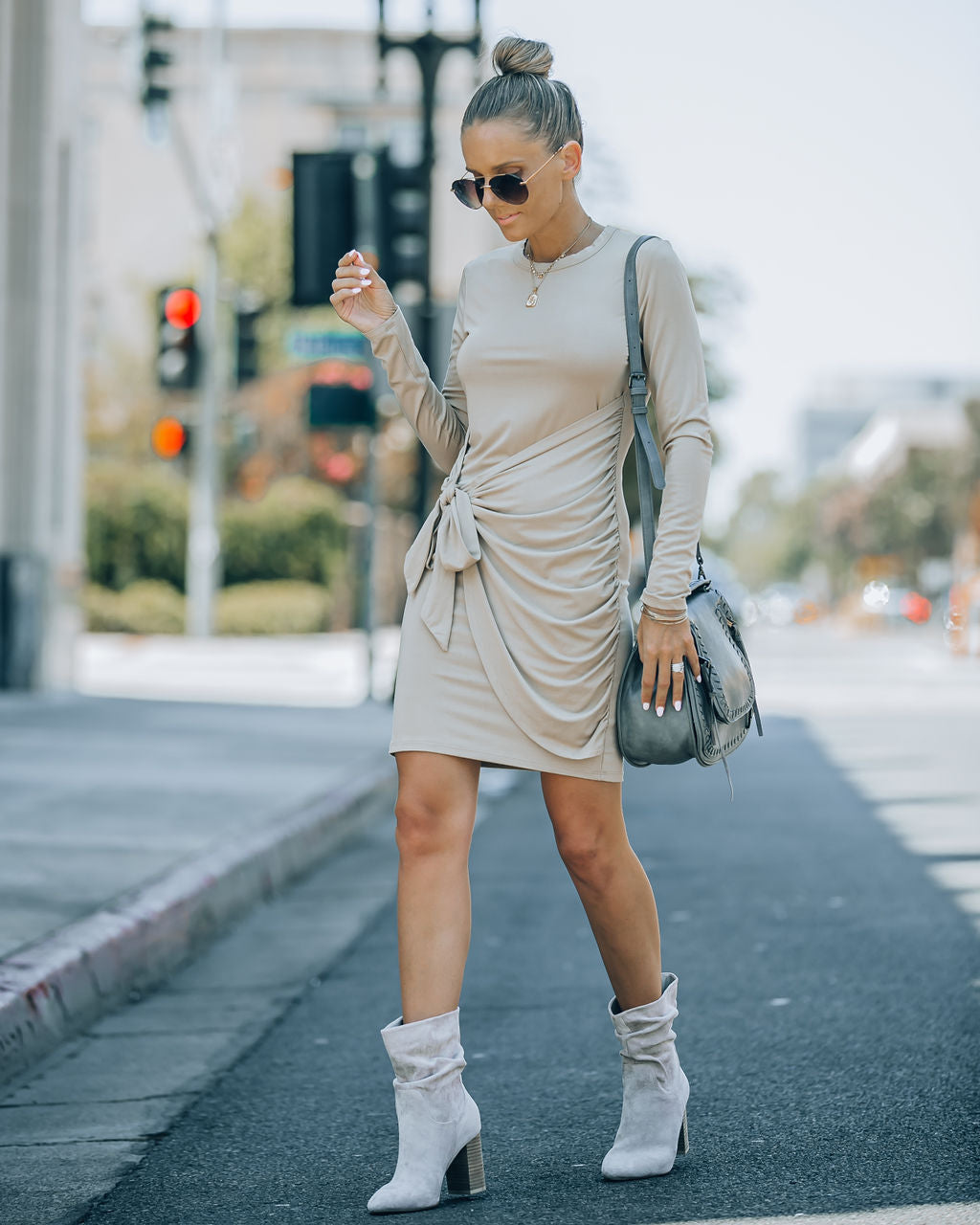 Ayda Drape Front Tie Mini Dress - Sand - FINAL SALE