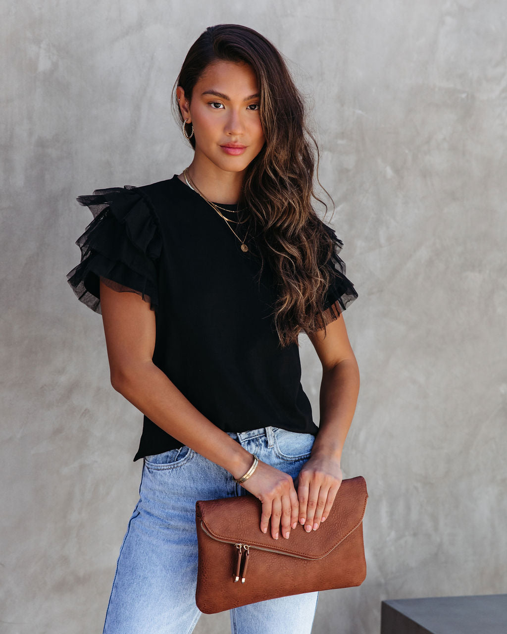 Carey Tulle Puff Sleeve Top - Black