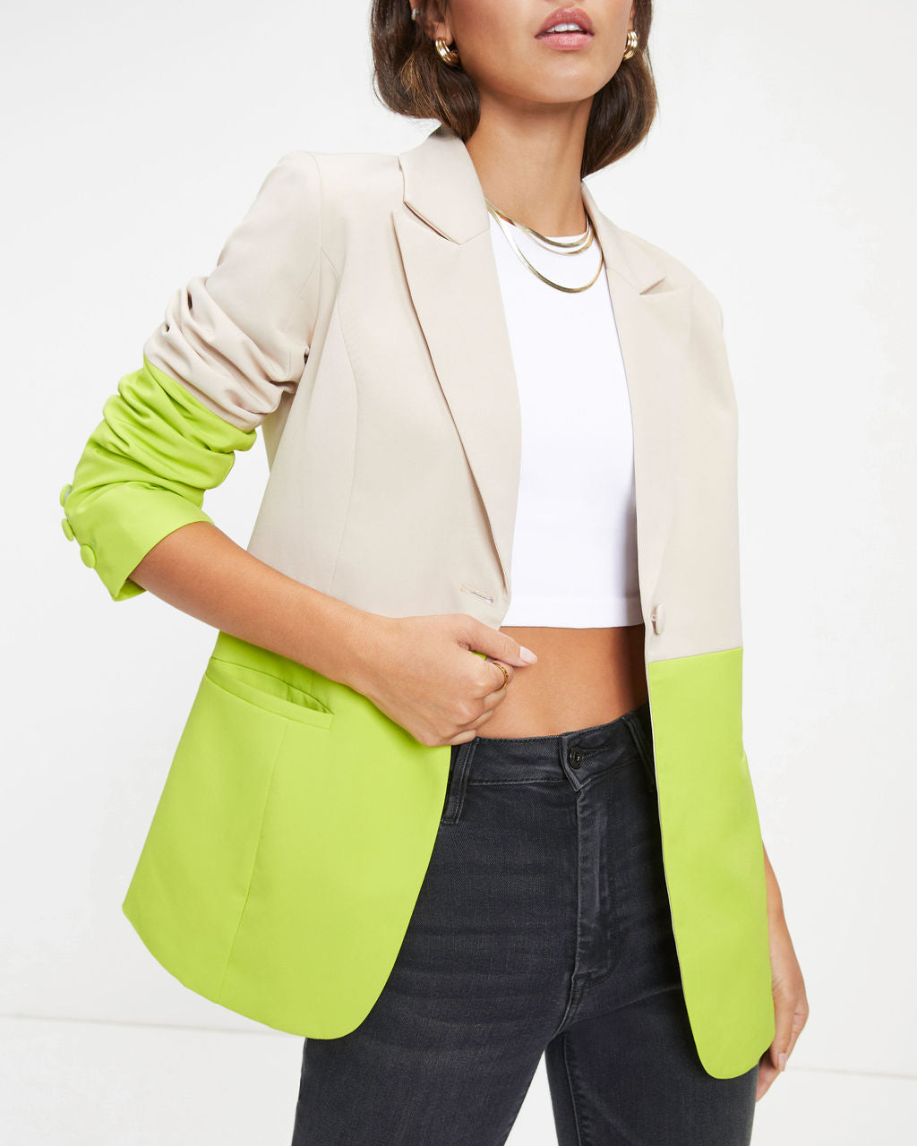 She Sets Trends Pocketed Colorblock Blazer - Lime