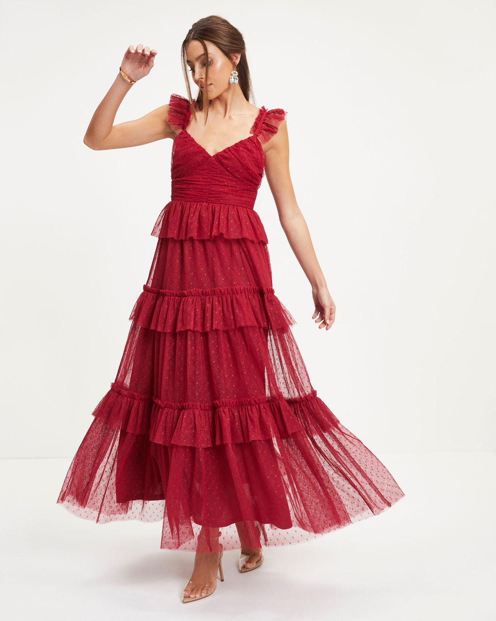 Love Is All We Need Tiered Tulle Maxi Dress - Red