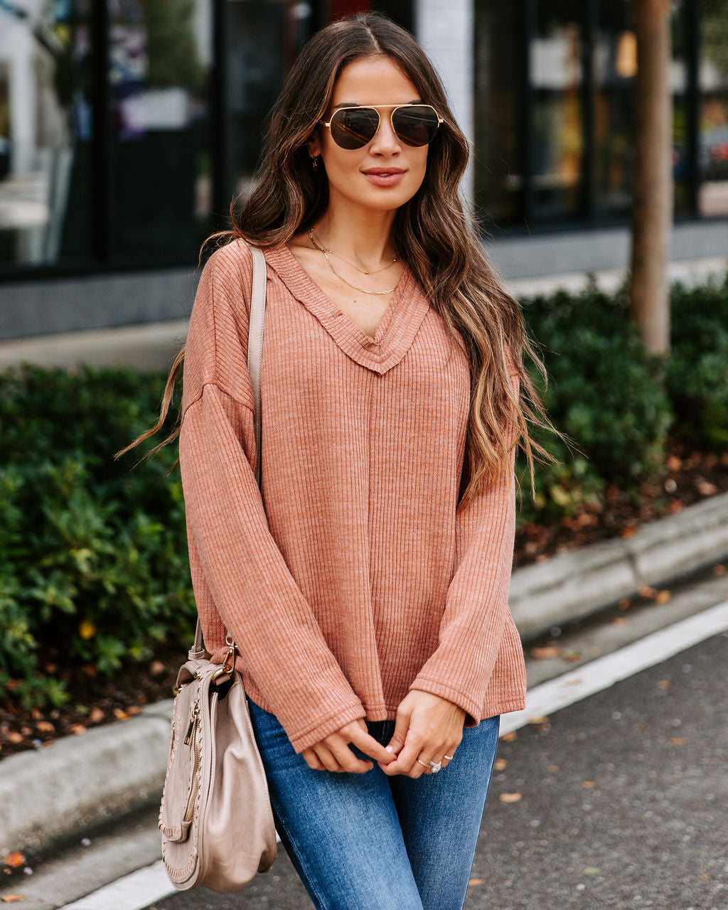 Touch Of Fall Oversized Ribbed Long Sleeve Top - Clay - SALE
