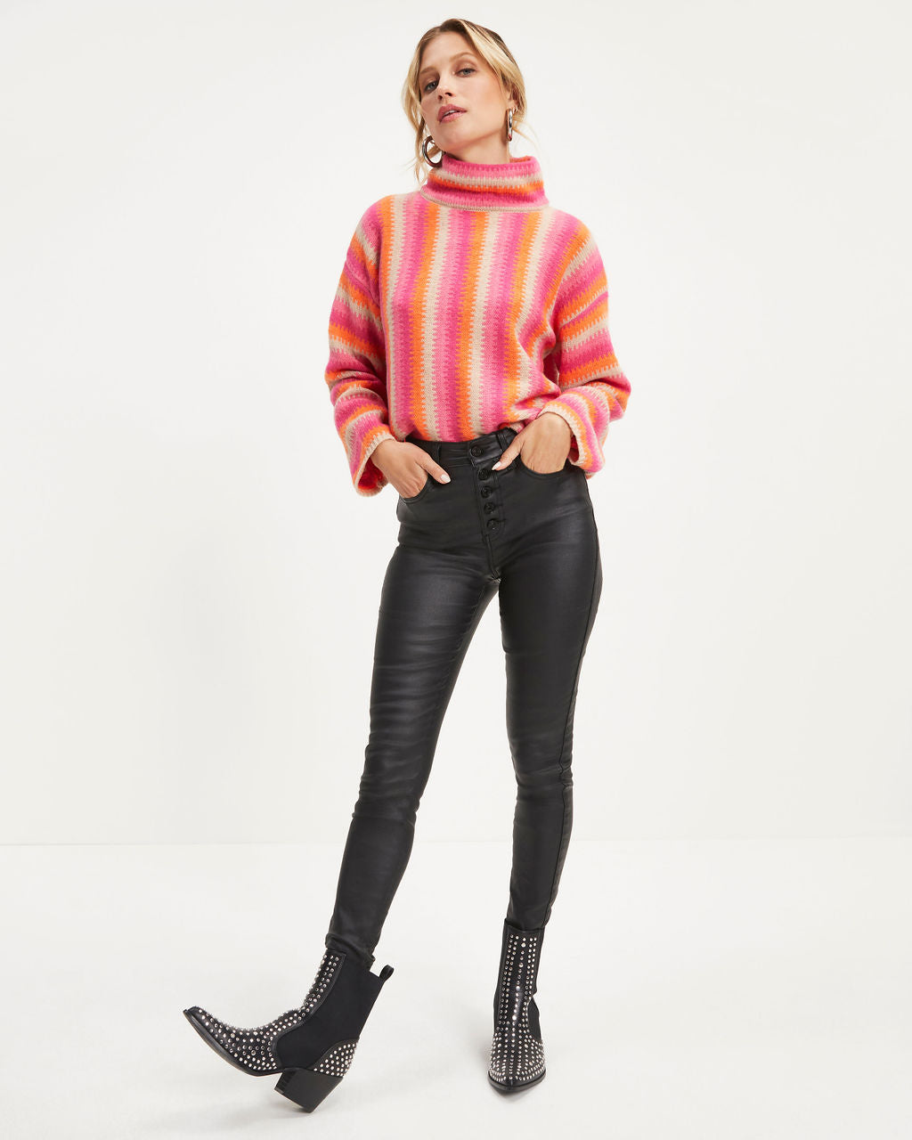 Joyful One Striped Knit Turtleneck Pullover Sweater