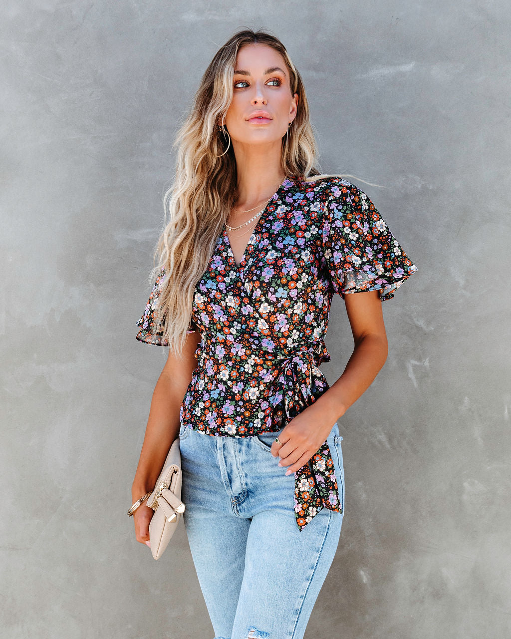 Retro Belle Floral Ruffle Wrap Top - SALE