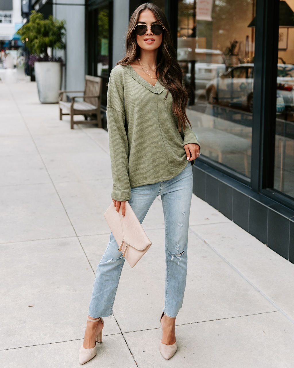 Touch Of Fall Oversized Ribbed Long Sleeve Top - Olive