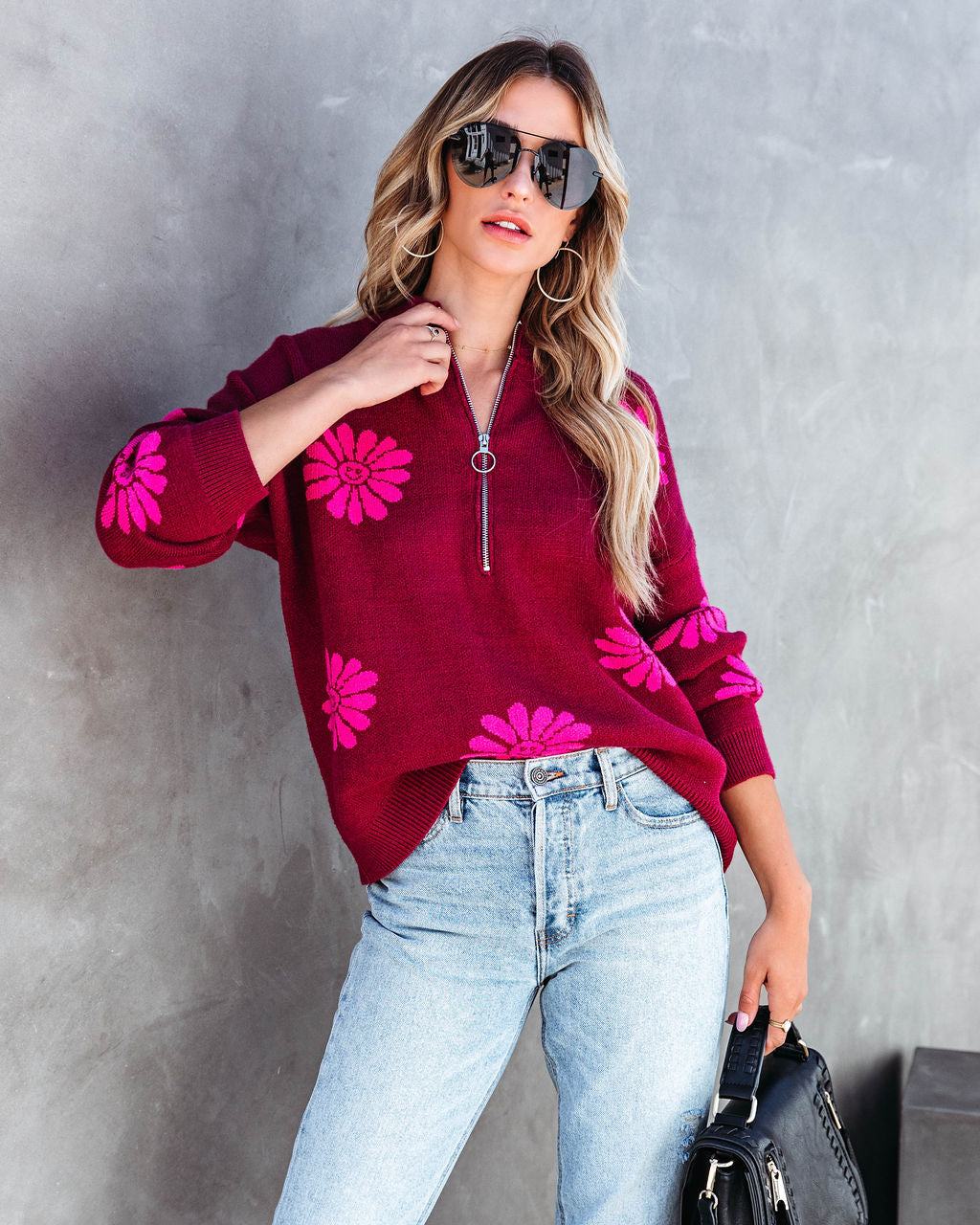 Happy As A Daisy Half Zip Pullover Sweater - SALE