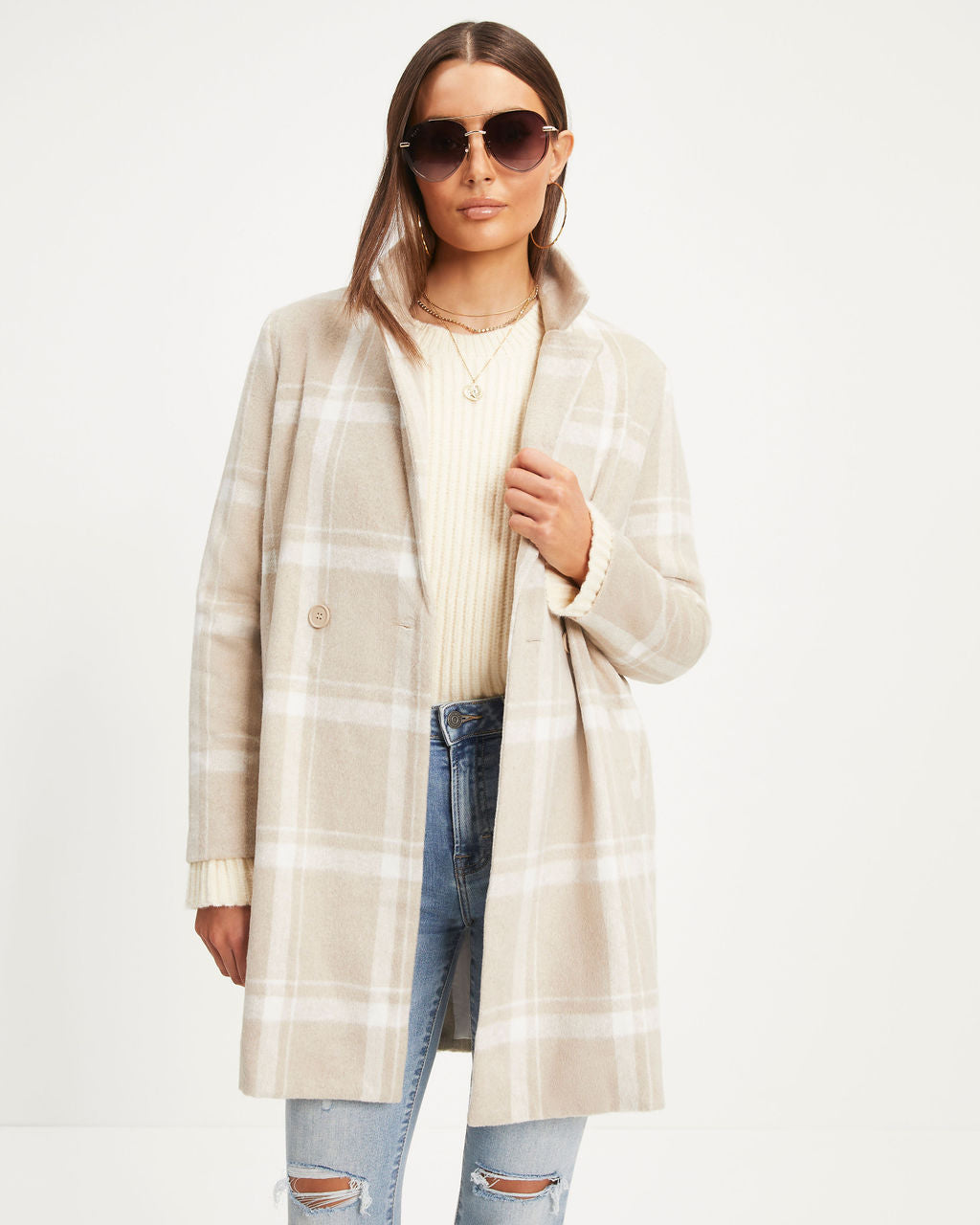 Coming To Town Plaid Pocketed Coat - Beige