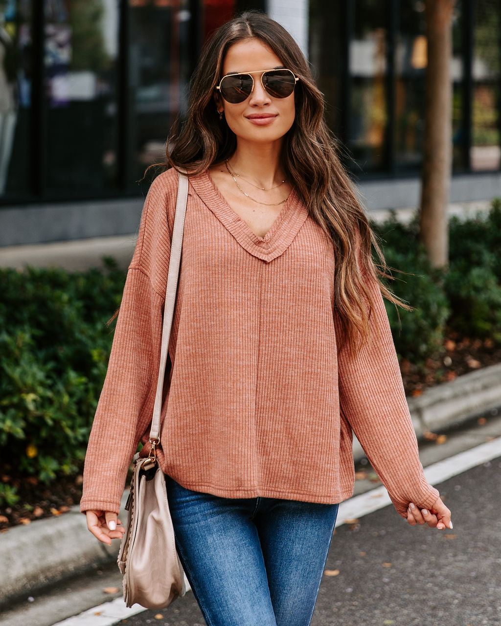 Touch Of Fall Oversized Ribbed Long Sleeve Top - Clay - SALE