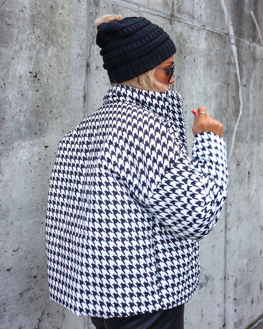 Meet Me At The Rink Houndstooth Pocketed Puff Jacket
