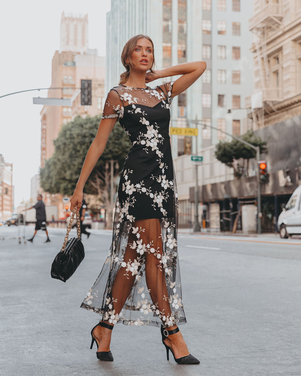Quite Exquisite Floral Embroidered Sheer Maxi Dress - Black