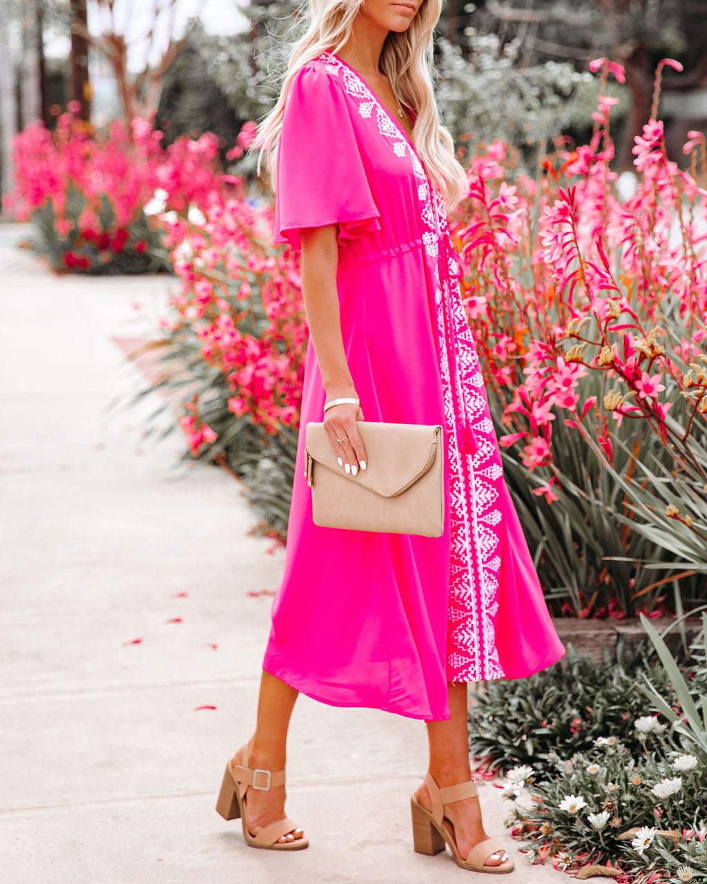 Presidio Embroidered Tassel Midi Dress - Fuchsia - FINAL SALE
