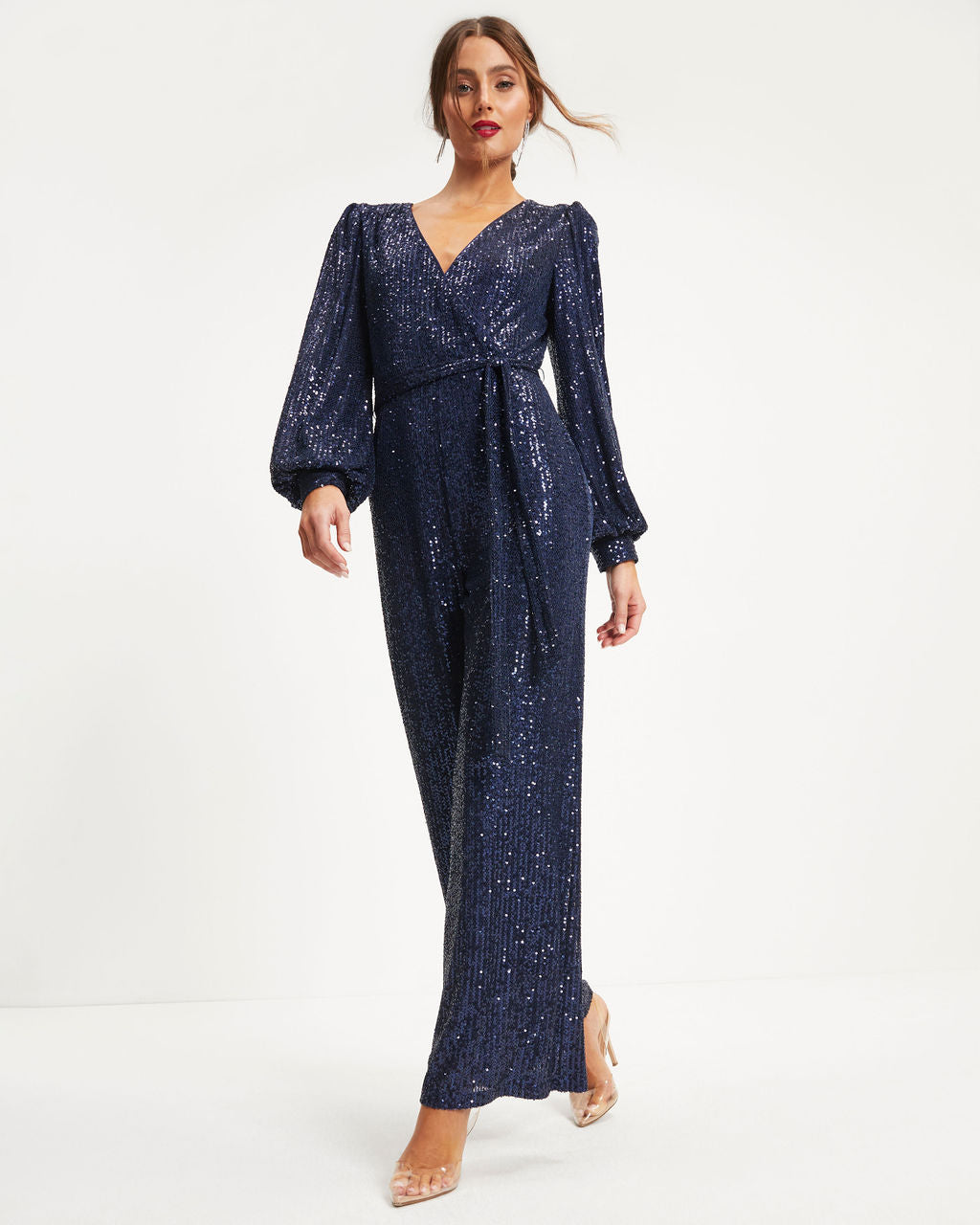 Whole New World Sequin Front Tie Jumpsuit - Navy