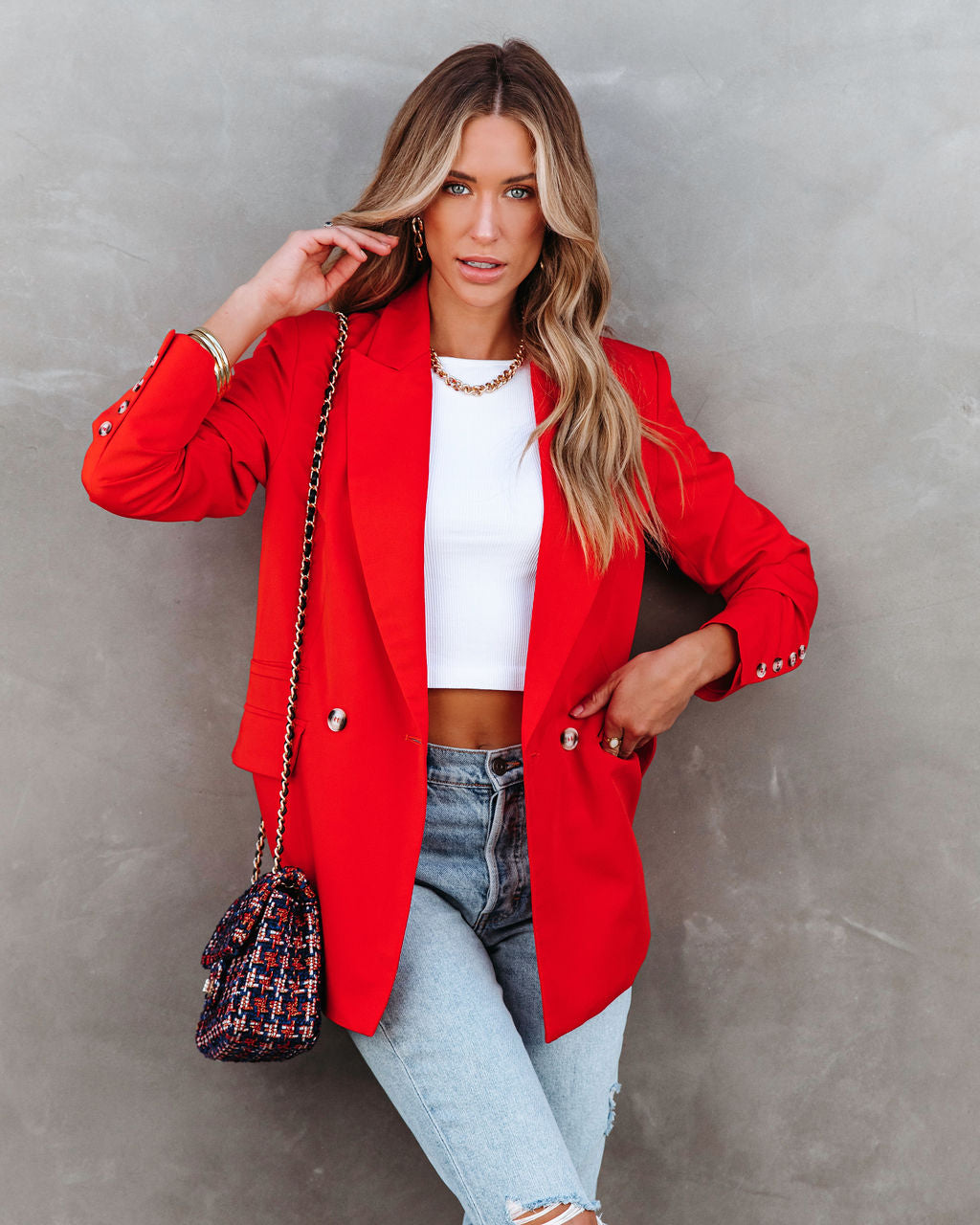 Angelita Pocketed Blazer - Red