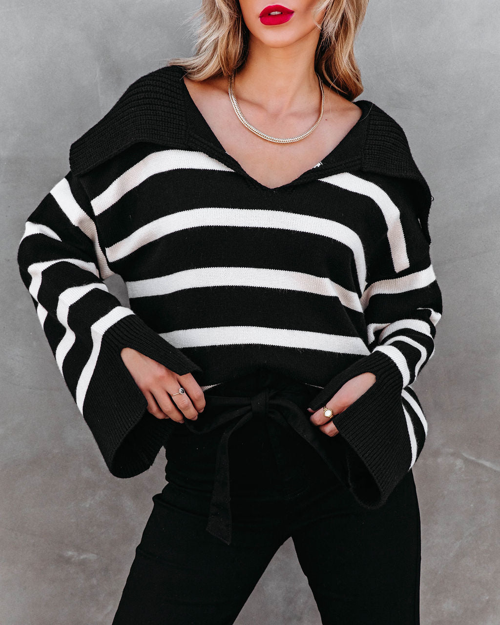 Maxwell Striped Knit Pullover Sweater - Black