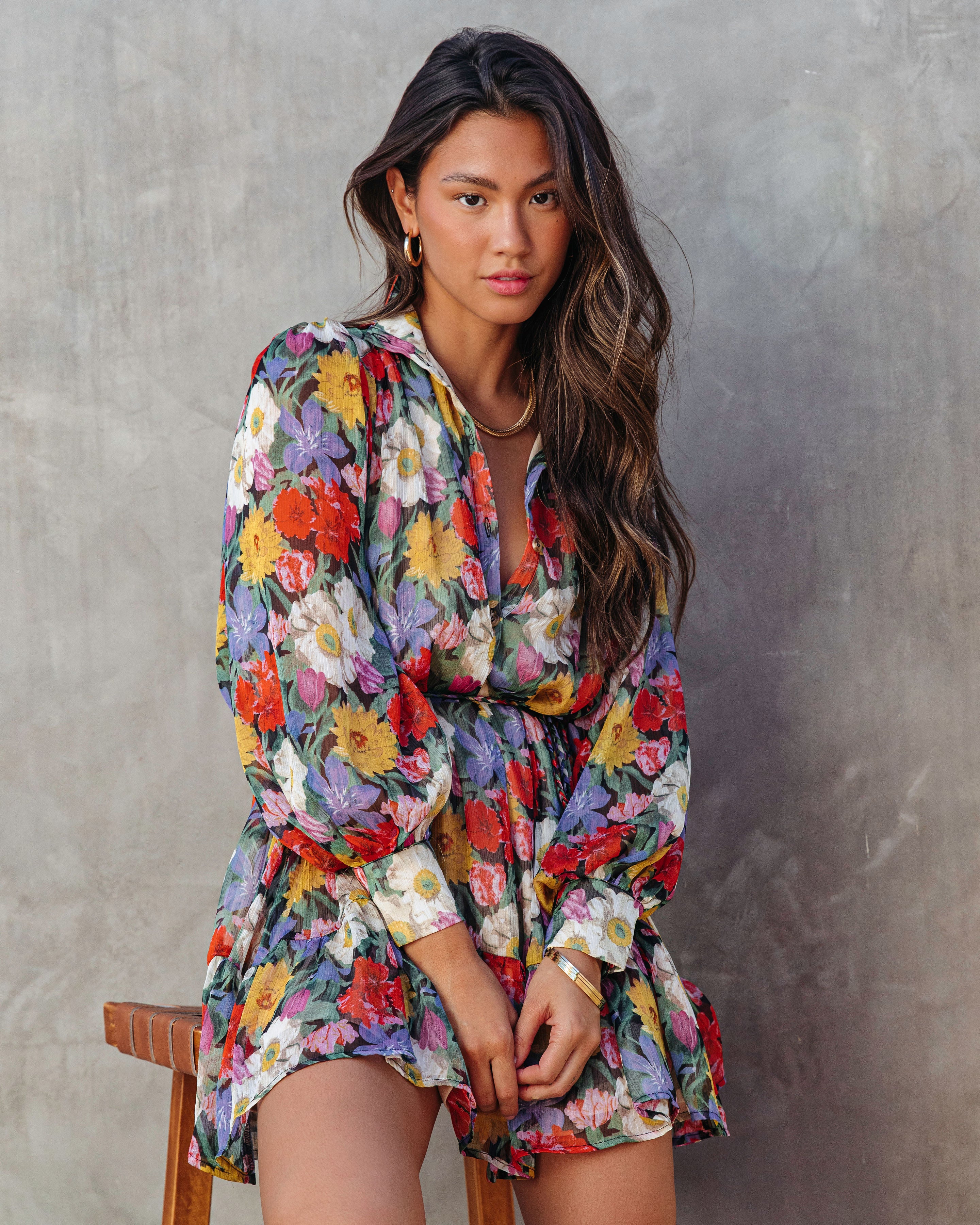 Every Girls Dream Floral Balloon Sleeve Button Down Mini Dress